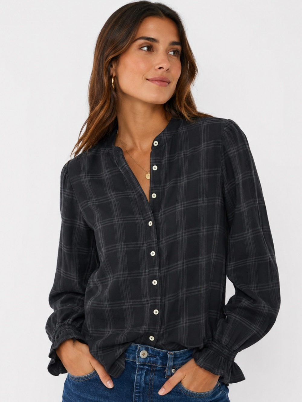 Faherty Organic Cotton Plaid Blouse M Smocked Cuff Dark Academia Revolve